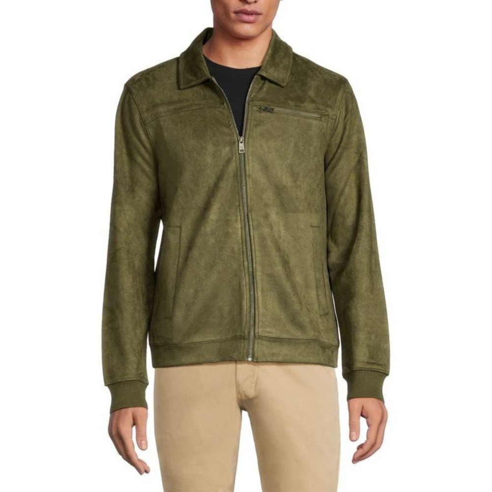 Ben Sherman Men L Olive Green‎ Faux Suede Zip Up Jacket Preppy Sporty Casual Mod